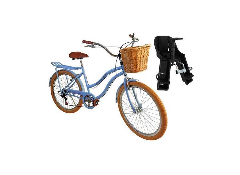 Bicicleta Aro 26 Cadeirinha Frontal Cesta De Vime 6V Azul Bb - Maria C