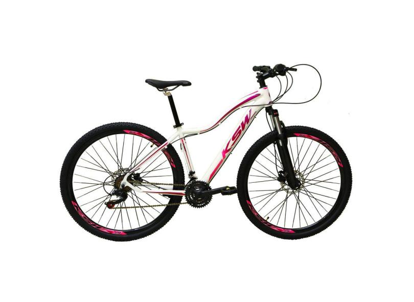 Bicicleta Feminina Aro 29 Ksw Mwza 27v Freio Hidráulico K7 Garfo com Trava - Branco/Pink/Violeta