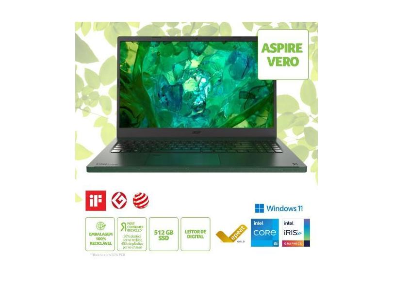 Notebook Acer Vero Intel Core i5 1335UB 15.6 Intel Iris Xe elegíveis 8
