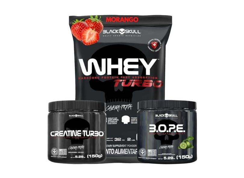 Whey Protein Concentrado + Creatina Monohidratada 150g + Pré-Treino B.O.P.E 150g - Kit Black Skull Para Ganho de Massa e Força (Whey Turbo Morango - B.O.P.E Limão)