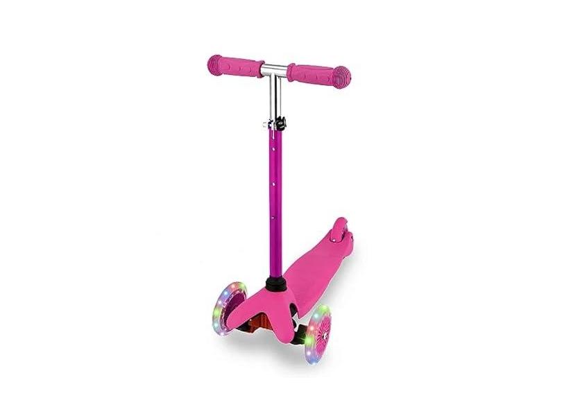 Patinete Infantil 3 Rodas com LED - Altura Ajustável, Freio Traseiro, Base Antiderrapante - Rosa, Certificado INMETRO