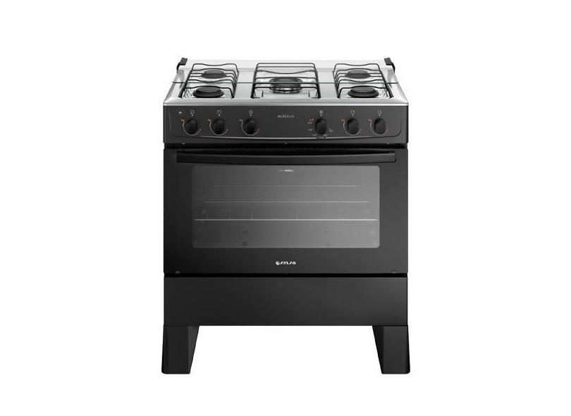 Fogão 5 Bocas Branco com Mesa Inox Atlas Milão Plus, Preto, Bivolt