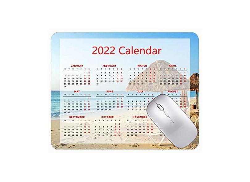 Mouse pad com calendário 2022 com bordas costuradas preto para jogos, cadeiras de praia tropical, mar e jogos