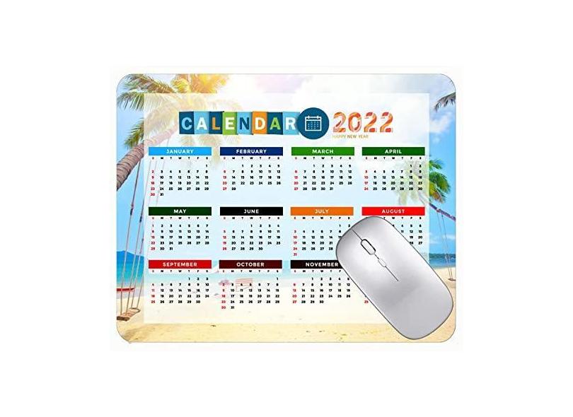 Mouse pad para jogos com calendário 2022, mouse pad para jogos, praia, palmeiras, mar, com bordas costuradas