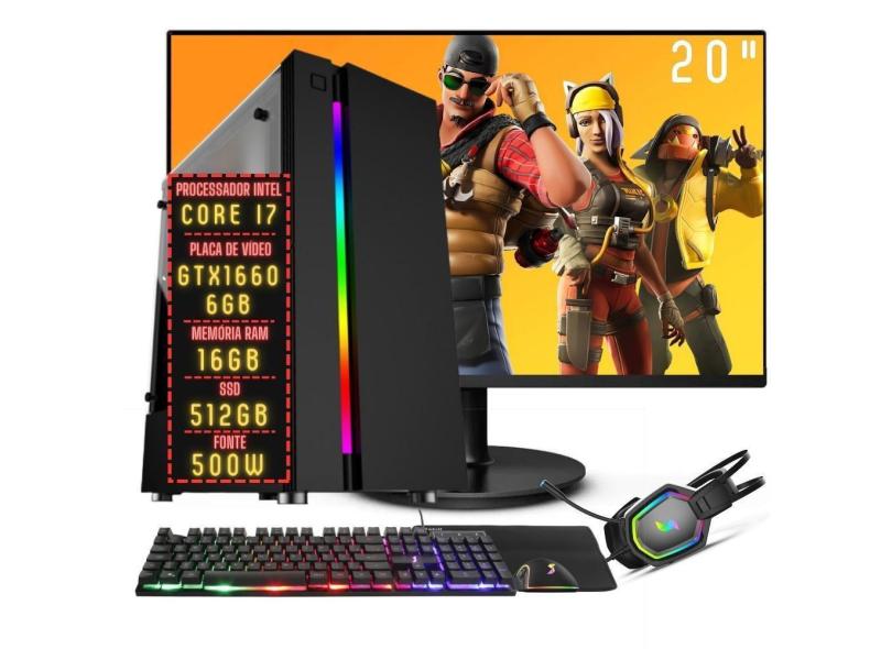 PC Gamer Completo 3green FPS Intel Core i7 16GB RAM Placa de vídeo Geforce GTX 1660 6GB SSD 512GB Monitor 20&quot; 75Hz Fonte 500W 3GF-042