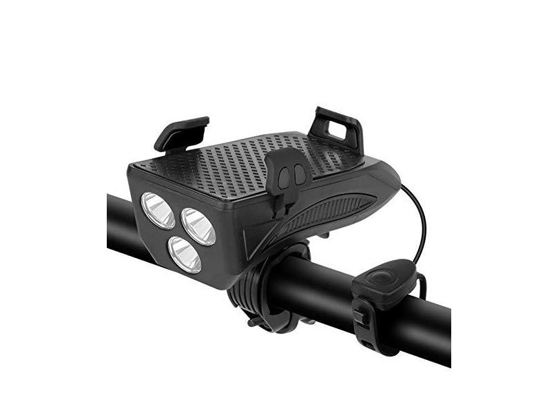 bicicleta 4 em 1, luzes bicicleta recarregáveis com suporte para telefone buzina, faróis dianteiros super brilhantes, serve para todas as bicicletas, montanha, estrada (2000/4000 MAh)