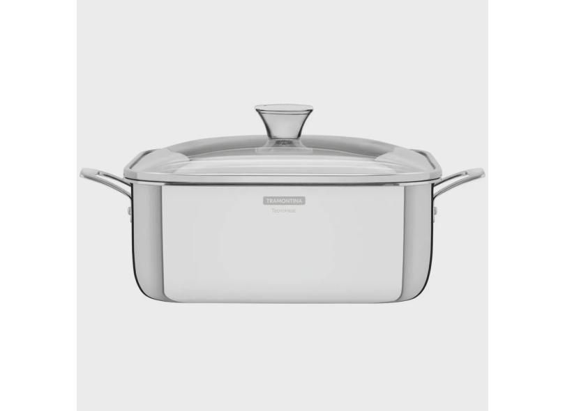 Caçarola Tramontina Grano Quadrada em Aço Inox com Suporte para Tampa Corpo triplo com Alças e Tampa de Vidro 7,3 L
