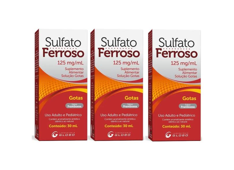 3 unidades de Sulfato Ferroso 125mg Gotas 30ml Framboesa com o Melhor ...