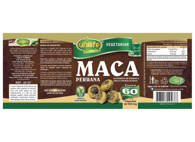 Maca Peruana 550mg 60 Cápsulas - Unilife