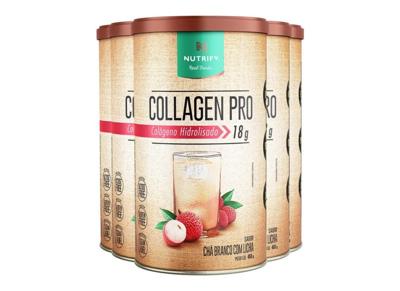 Kit 5 Collagen Pro Colágeno Hidrolisado Chá Branco com Lichia Nutrify 450g