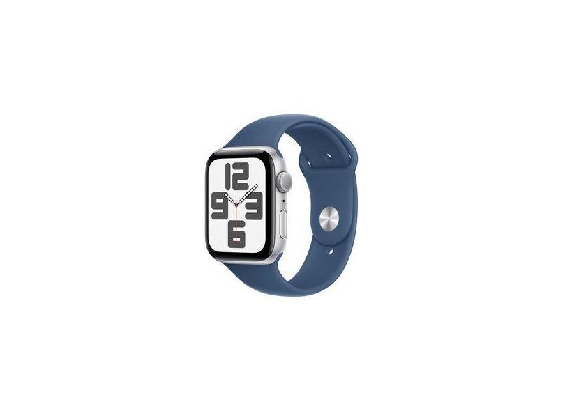 Apple Watch SE (GPS, 44 mm) Caixa de Alumínio Prateada Pulseira Esportiva Denim