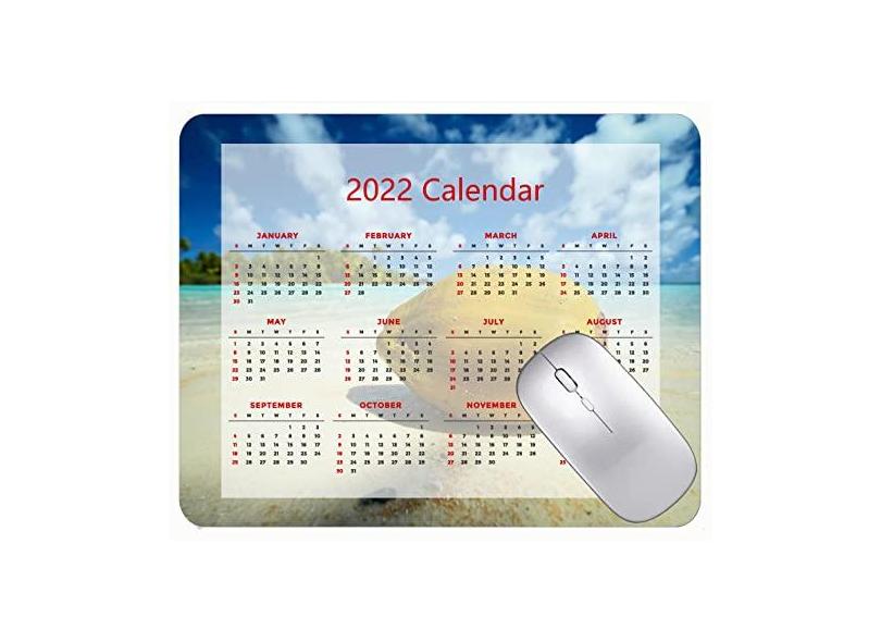 Mouse pad calendário 2022 com bordas costuradas, preto, para jogos, praia, mar, coco, base de borracha antiderrapante