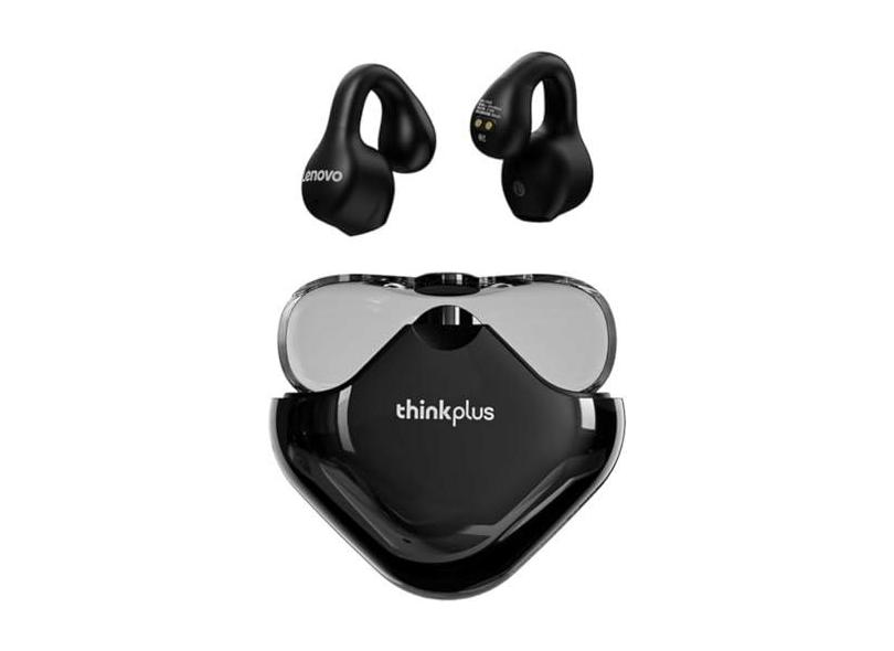 LEN0V0 Fones de ouvido com clipe para orelha aberta, fones de ouvido sem fio Bluetooth 5.3 para esportes, 30 horas de reprodução, estojo de carregamento (Preto)