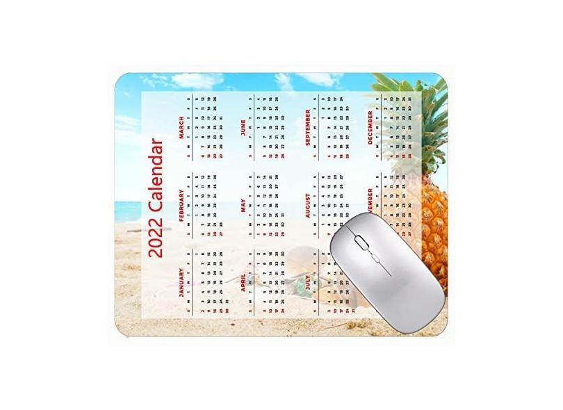 Mouse pad com calendário 2022 com bordas costuradas, preto, para jogos, praia, abacaxi, óculos de sol, escritório, mouse pad