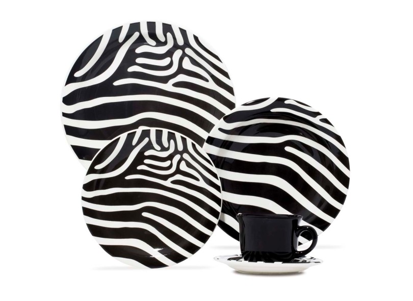 Aparelho de Jantar Quadrado de Porcelana 20 Peças - Oxford Porcelanas Floreal Zebra