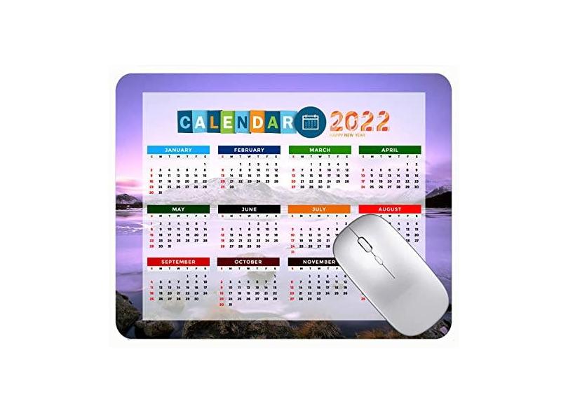 Mouse pad colorido para calendário 2022 ano 2022 Lake Mountains Stones Snow Gaming Mouse pad com bordas costuradas