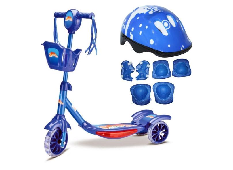 Patinete Infantil 03 Rodas Com Cesta Azul E Kit Proteção