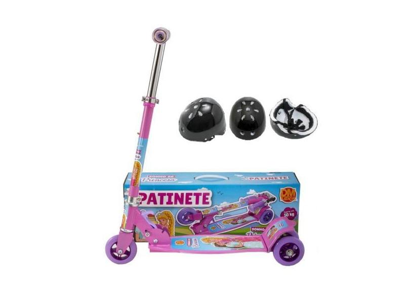 Patinete De Menina 3 Rodinhas Estável Seguro Rosa E Capacete - Dm Toys