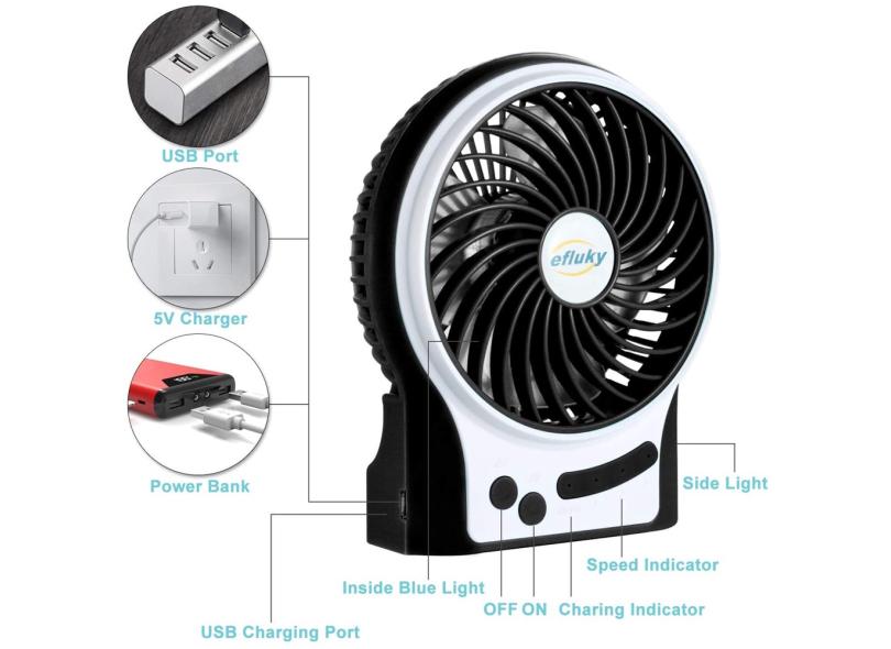 Efluky Velocidades Mini Desk Fan Ventilador Recarreg Vel Operado Por Bateria Com Luz Led E