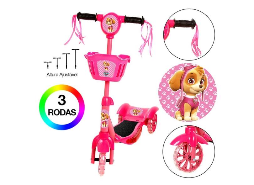 Patinete Infantil Rosa d Patrulha Canina 3 Rodas Com Led/Som