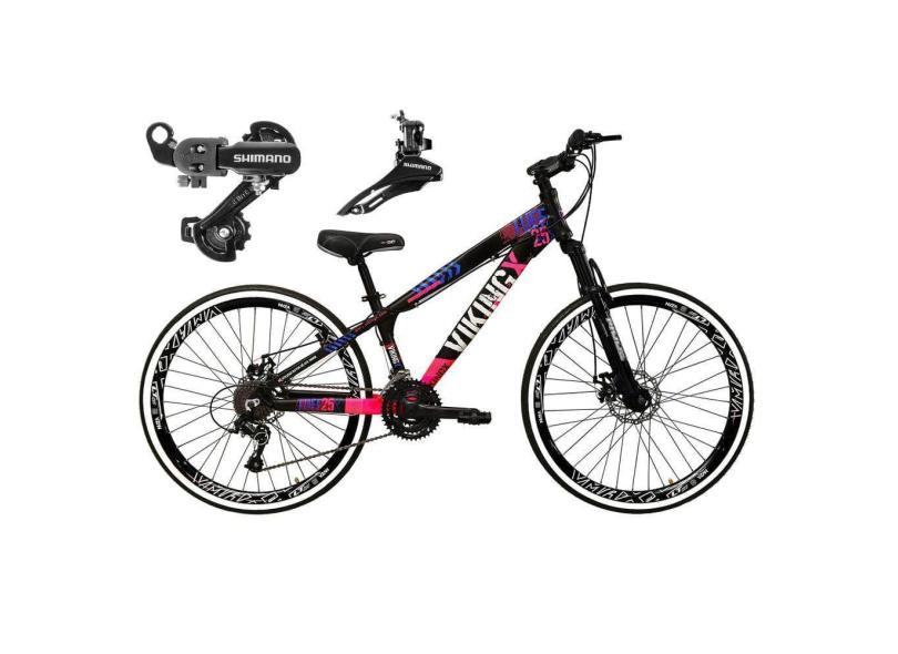 Bicicleta Aro 26 Vikingx Tuff 21v Alumínio Câmbio Shimano Freio a Disco Aros Vmaxx Preto - Preto\Rosa X25