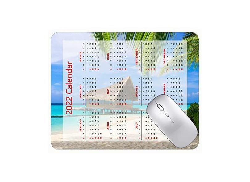 Mouse pad com calendário 2022 com bordas costuradas, tapete preto para jogos, palmeiras, praia, mar, jogos, com bordas costuradas