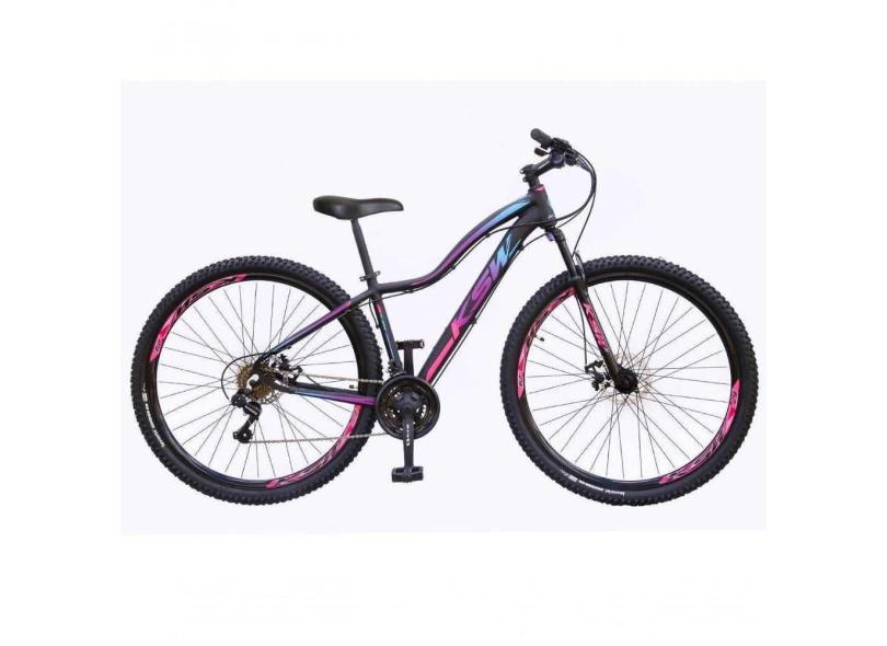 Bicicleta Aro 29 Ksw 24 Marchas Shimano Freios Disco E Trava - Preto-rosa E Azul - 19&quot;
