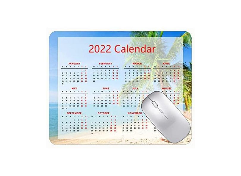 Mouse pad com calendário 2022 com feriados, palmeiras de praia, mar, base de borracha antiderrapante