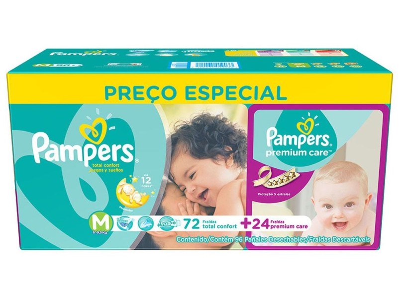 Fralda Pampers Total Confort e Premium Care M 96 Und 6 - 9,5kg