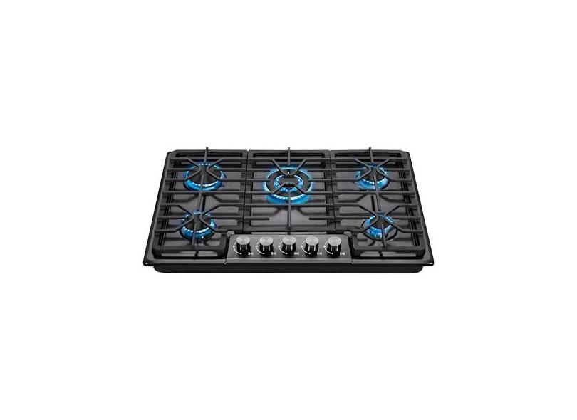 Fogão a gás de 5 queimadores preto, 76 cm LPG/NG com dupla queda de combustível no topo do fogão a gás, ignição eletrônica de aço inoxidável para apartamento, ao ar livre, trailer