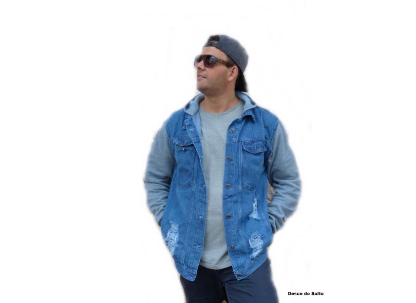 mens denim jacket with grey moletom com capuz