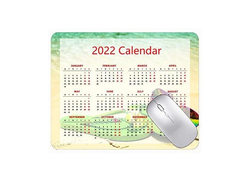 Mouse pad com calendário 2022, com feriados, óculos de sol, sapatos verdes, mouse pads de praia