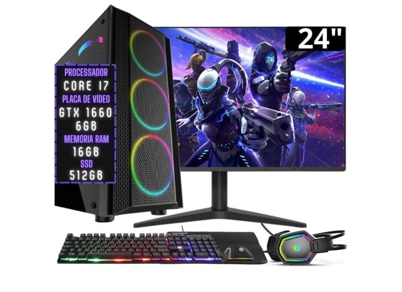 PC Gamer Completo 3green Hunter, Intel Core i7, 16GB RAM, Geforce GTX 1660 Ti 6GB, SSD 512GB, Kit Gamer e Monitor 24&quot; Full HD 75Hz 2ms 3H-001