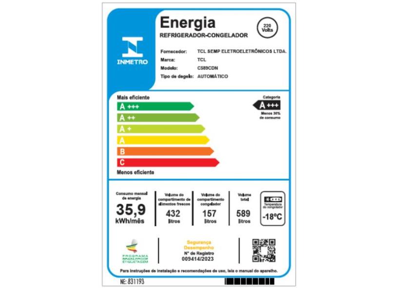 Geladeira TCL C589CDN Frost Free French Door Inverse 589 Litros cor Inox