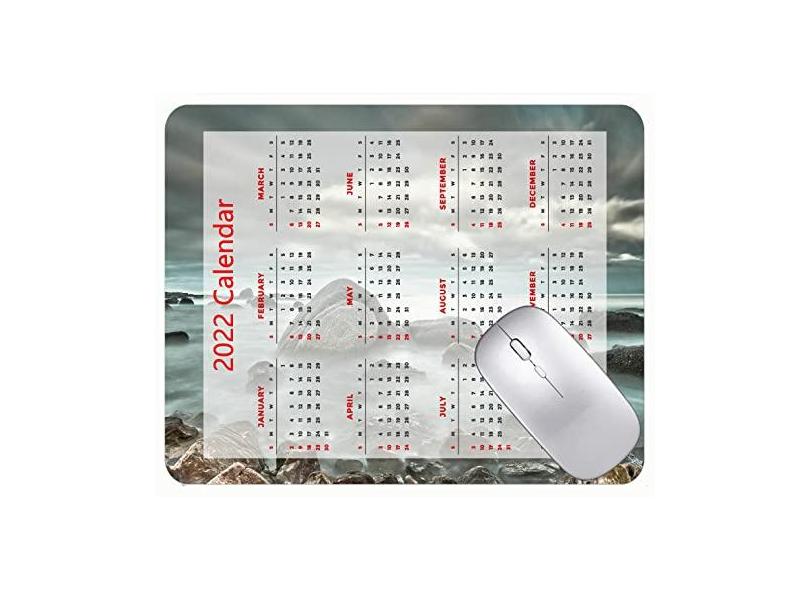 Mouse pad calendário 2022 com feriados, pedras do mar, nuvens, mouse pad para escritório