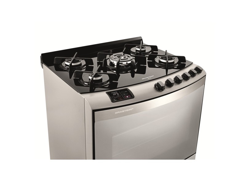 Fogão de Piso Brastemp Ative Top Glass 5 Bocas Acendimento Automático Acabamento Inox Grill BFS5VAR