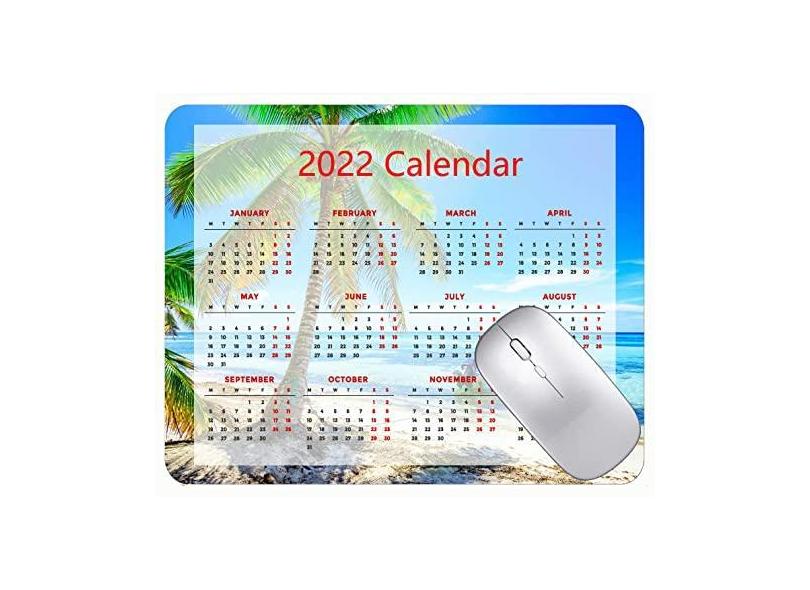 Mouse pad 2022 Calendário com feriados, palmeiras para barco de praia, tapete antiderrapante de borracha