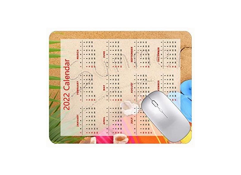 Mouse pad com calendário 2022 com bordas costuradas, preto, para jogos, praia, areia e sandália, mouse pad de borracha