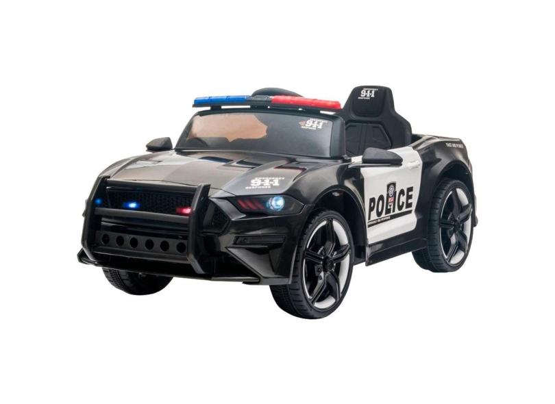 Mini Carro Elétrico Infantil 12V Policia Luz Som Bateria Controle Remoto Preto Brinqway Bw237pt