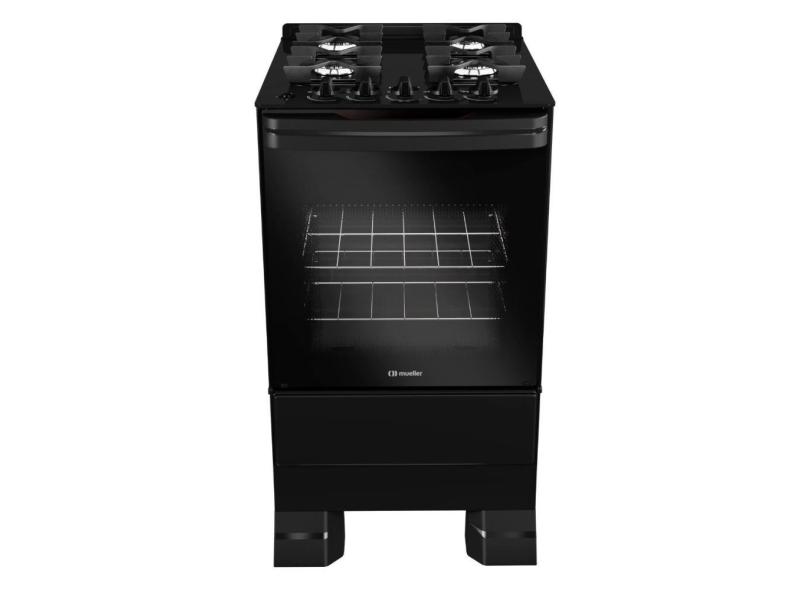 Fogão Mueller 4 bocas Preto com Mesa de Vidro e grades de ferro fundido MFV4BF