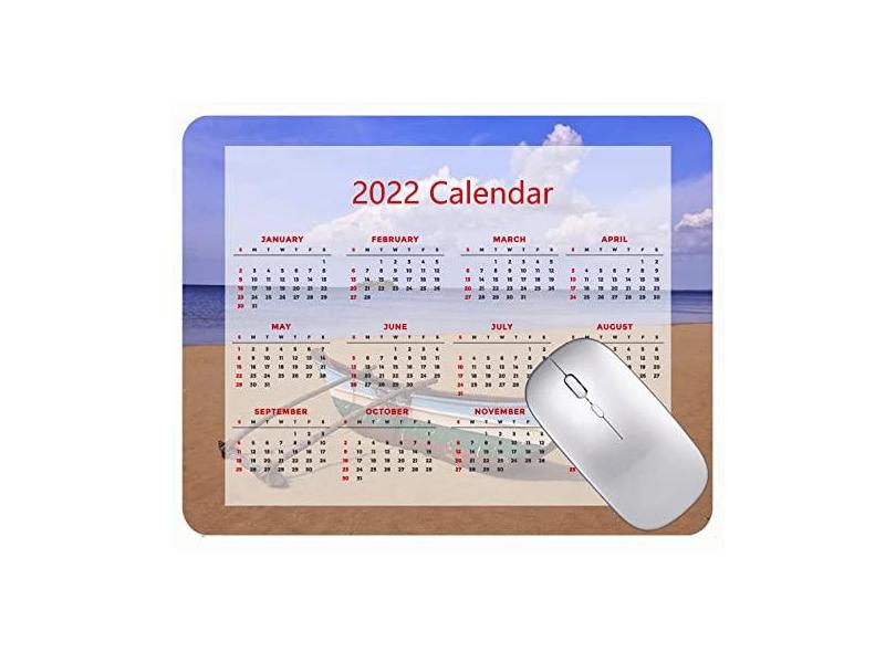 Mouse pad com calendário 2022 com feriados, tapete para jogos de praia, barco, nuvens do mar, com bordas costuradas