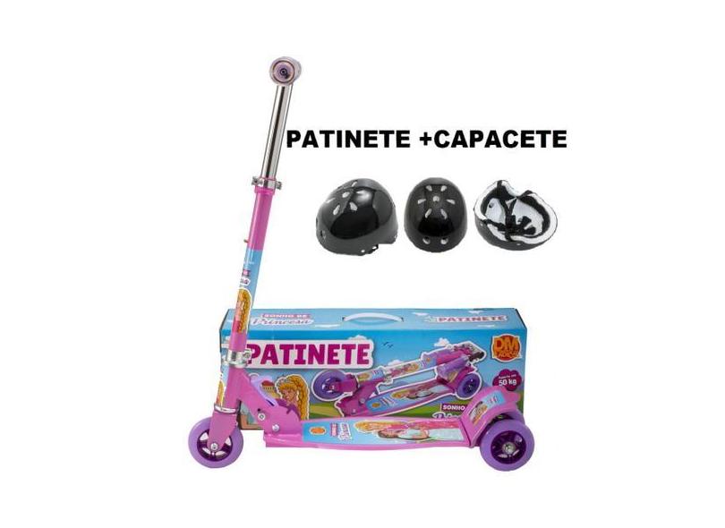 Patinete Infantil De Pé 3 Rodinhas Princesas E Capacete - Dm Toys