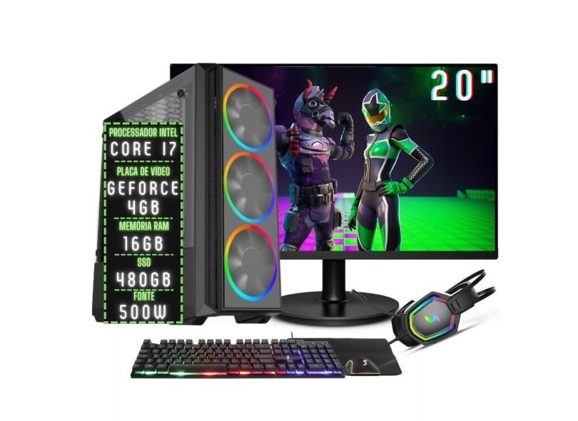 PC Gamer Completo 3green Play Intel Core i7 16GB RAM Placa de vídeo Geforce 4GB SSD 480GB Monitor 20&quot; 75Hz Fonte 500W 3GP-064