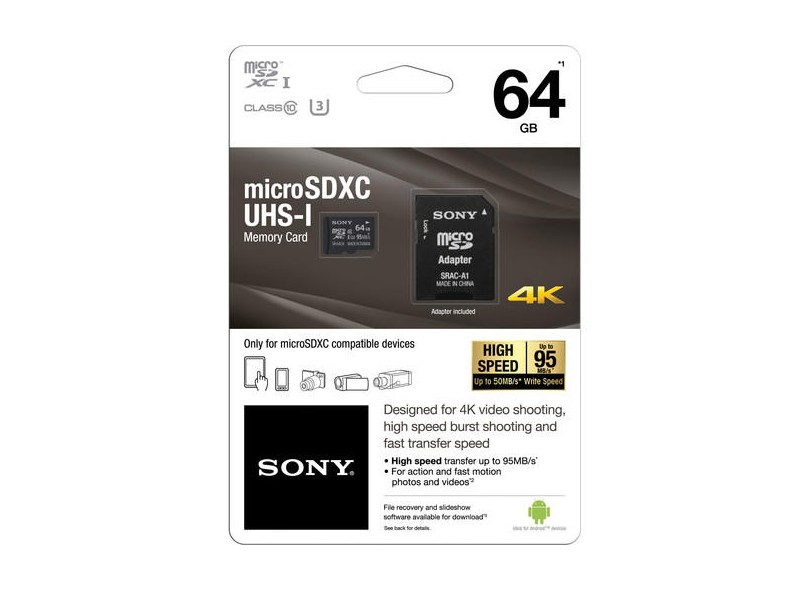 Cartão de Memória Micro SDXC com Adaptador Sony 64 GB SR-64UX