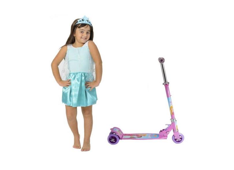 Patinete Infantil E Fantasia De Princesa Do Gelo + Tiara - Dm Toys