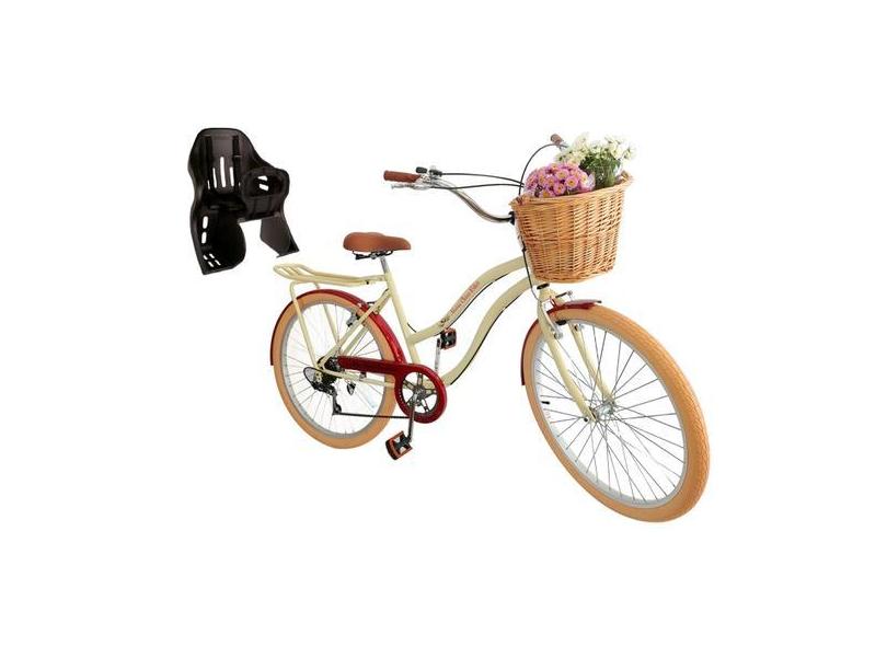 Bicicleta Aro 26 Retrô Com Cadeirinha Tras. Cesta Vime Bege - Maria Cl