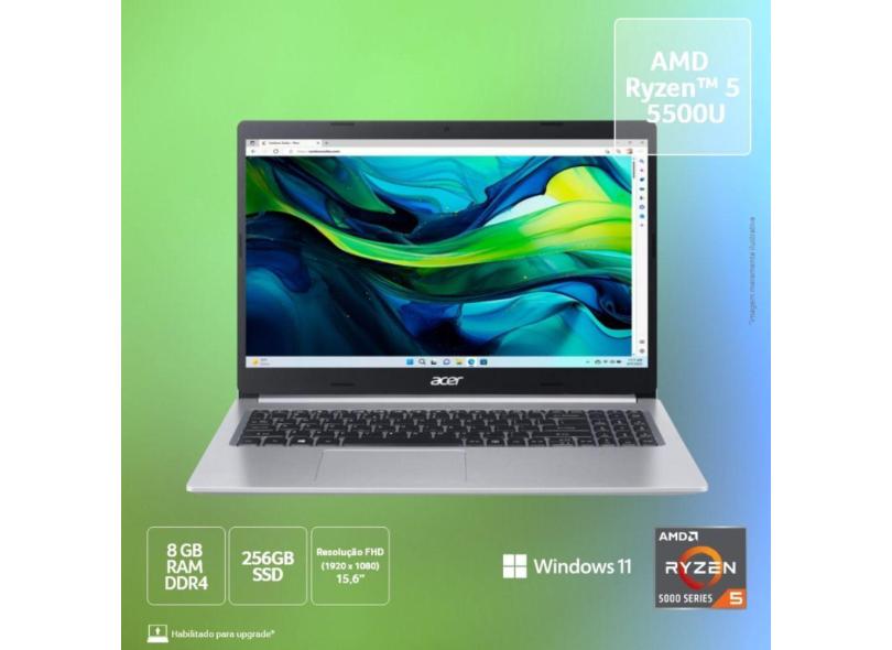 Notebook Acer A515-45-R5AT amd Ryzen 5 5500U 8GB ssd 256GB 15,6 fhd Windows 11 Home Bivolt