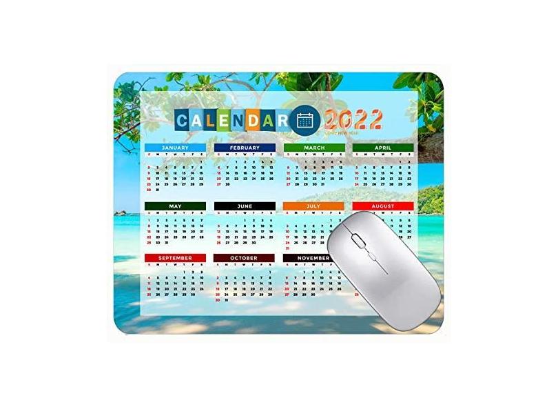 Mouse pad com calendário 2022 com feriados, pedras de praia e mar tropicais