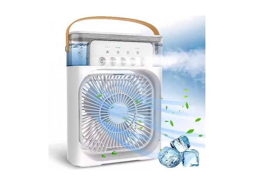 Ventilador Portátil de Mesa Mini Ar Condicionado Umidificador Climatizador com Tanque de água De 600ml, 3 Velocidades de Vento e Pulverizador de 5 Furos com Luz LED de 7 Cores (Branco)