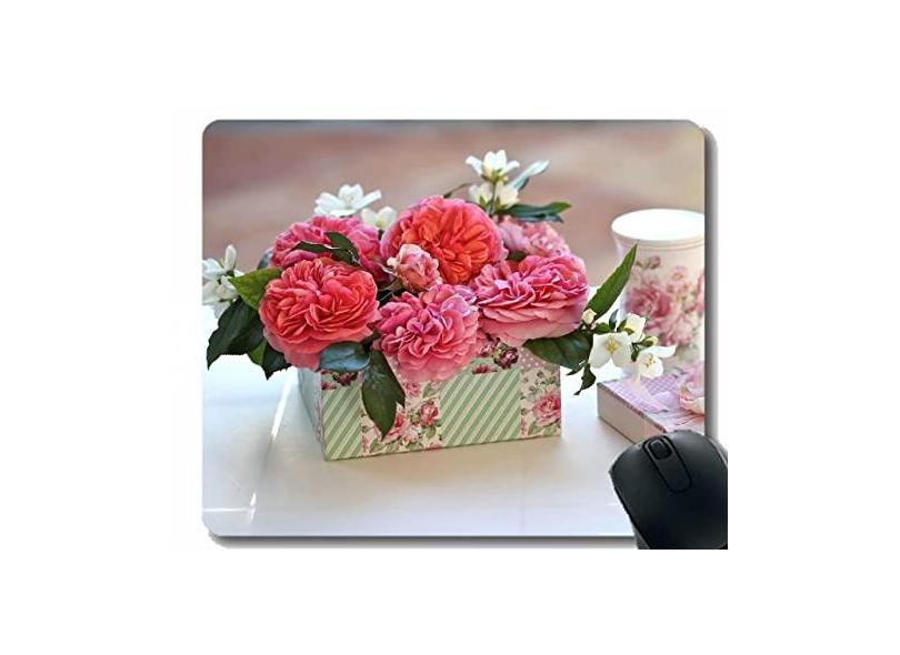 Mouse pad antiderrapante, caixa de botões de flores de rosas para presente com caneca surpresa para escritório